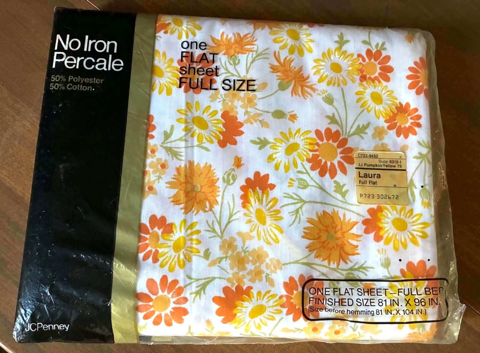 JCPenney Full Size Flat Sheet Floral Orange & Yellow No Iron Percale New Vintage