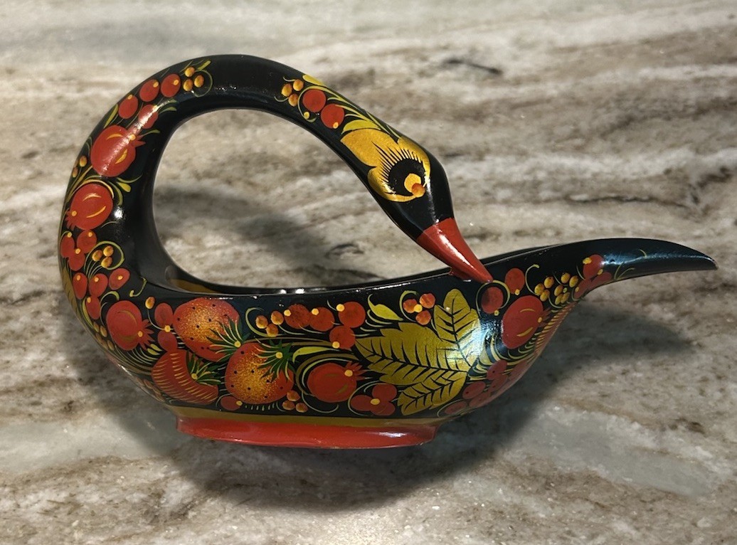 Vintage Russian Khokhloma Hand Painted Wood Swan Bowl Kovsh Folk Art Decor Red