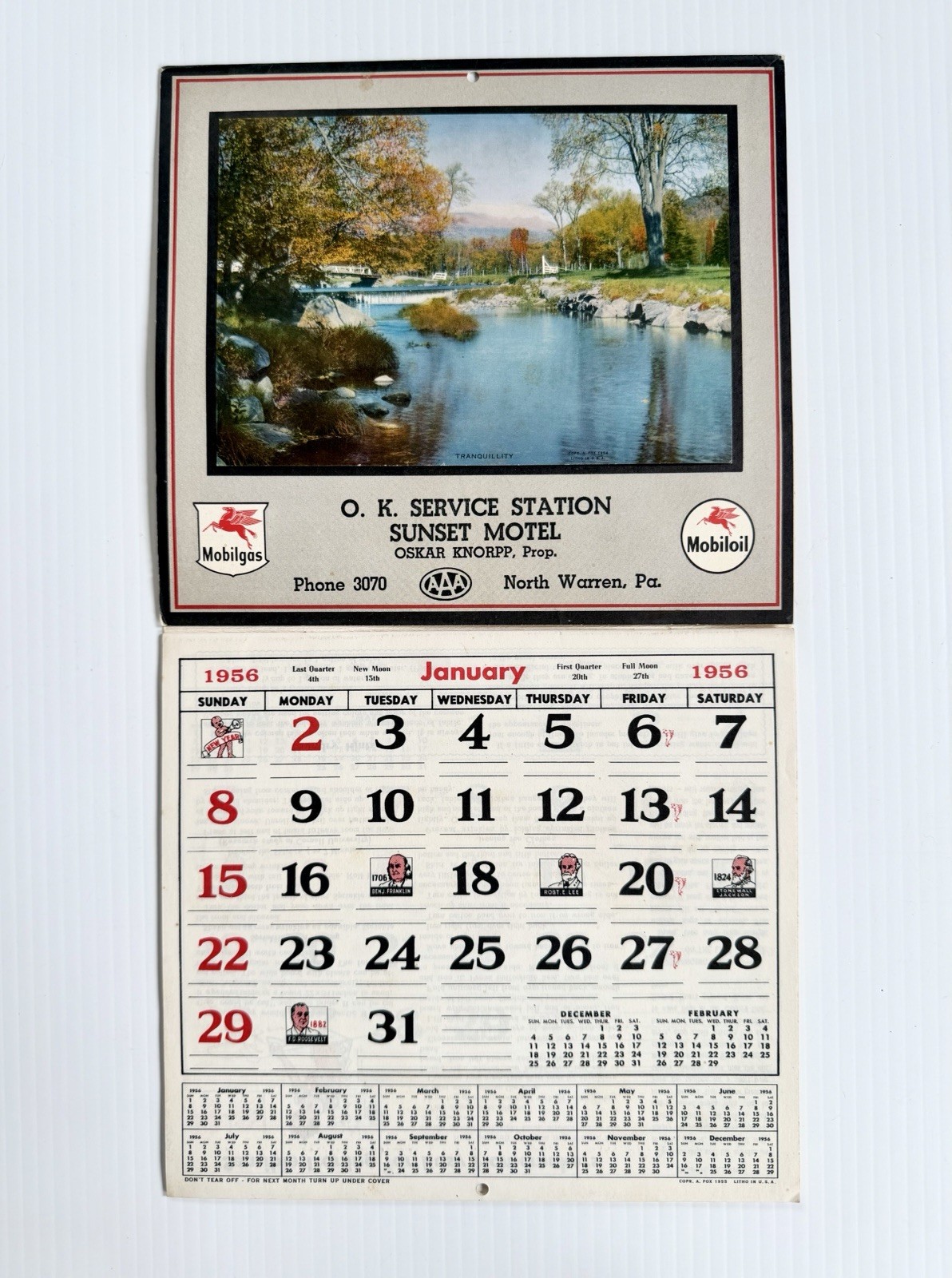 Vintage 1956 Mobil Gas/ Oil Calendar, OK Service Station North Warren, PA