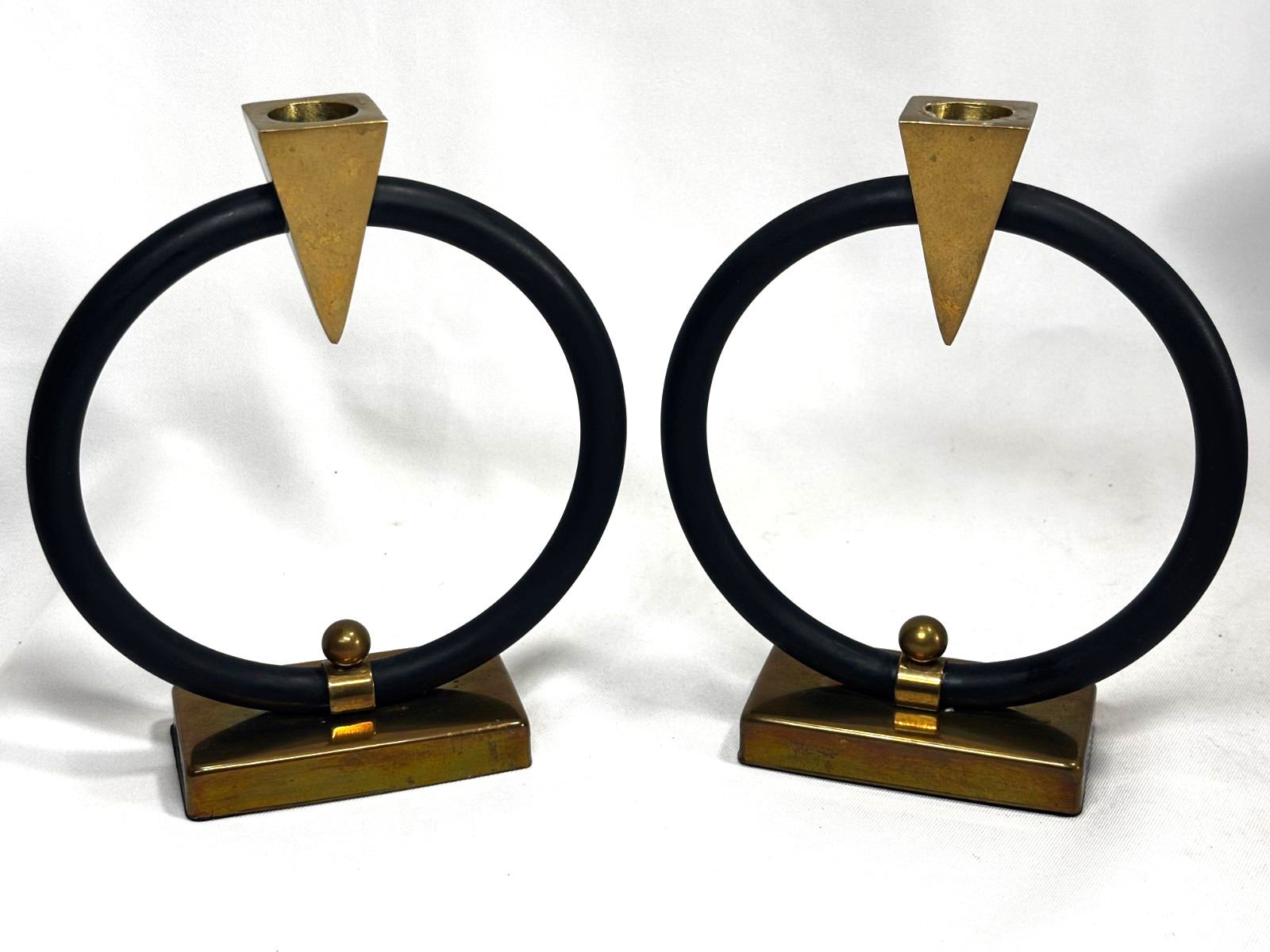 Vtg. Mid-Century Brass Triangular Circular Pair of Candlesticks 7.25