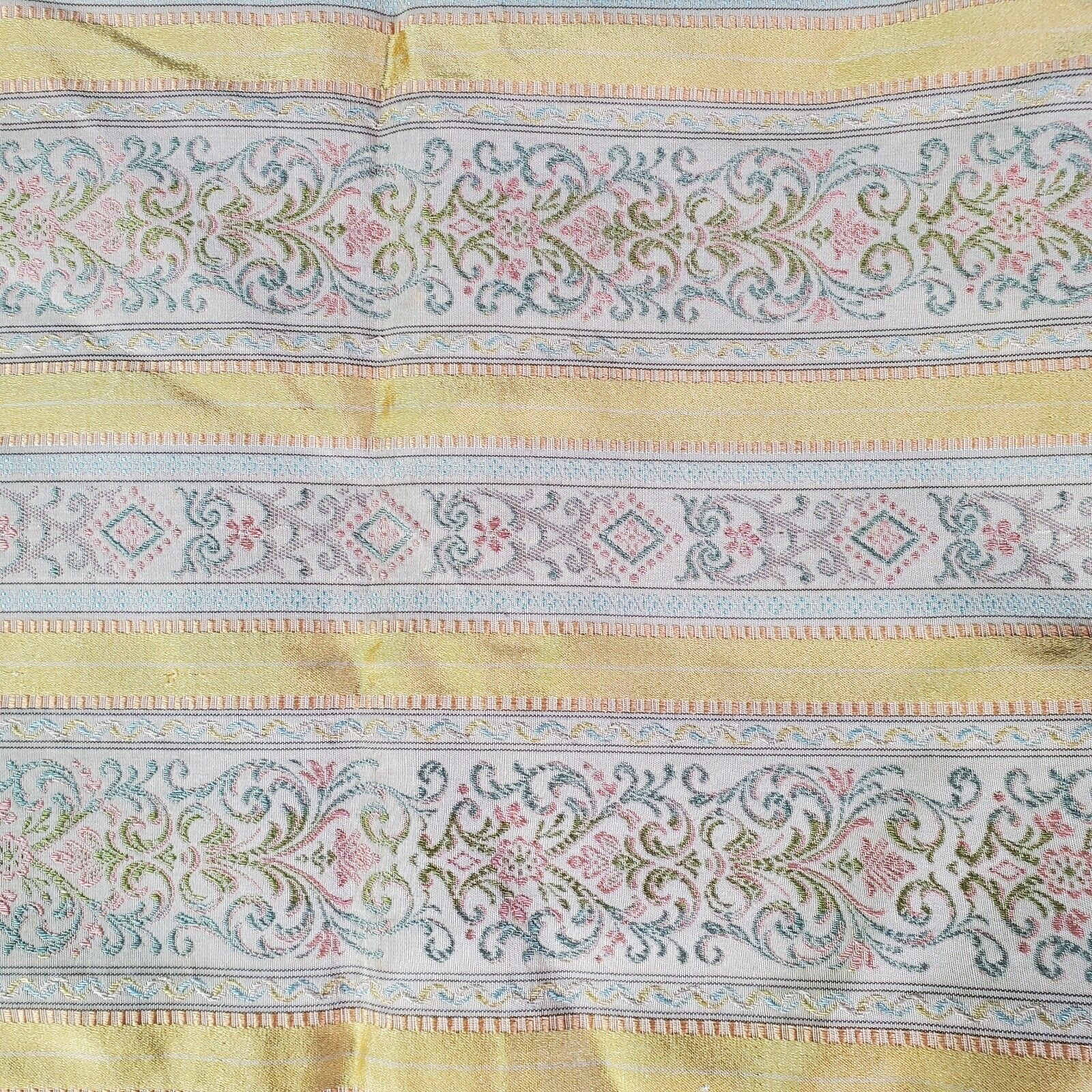 Antique French Regency Floral Stripe Silk Brocade Jacquard Fabric Yellow 1.5Yds