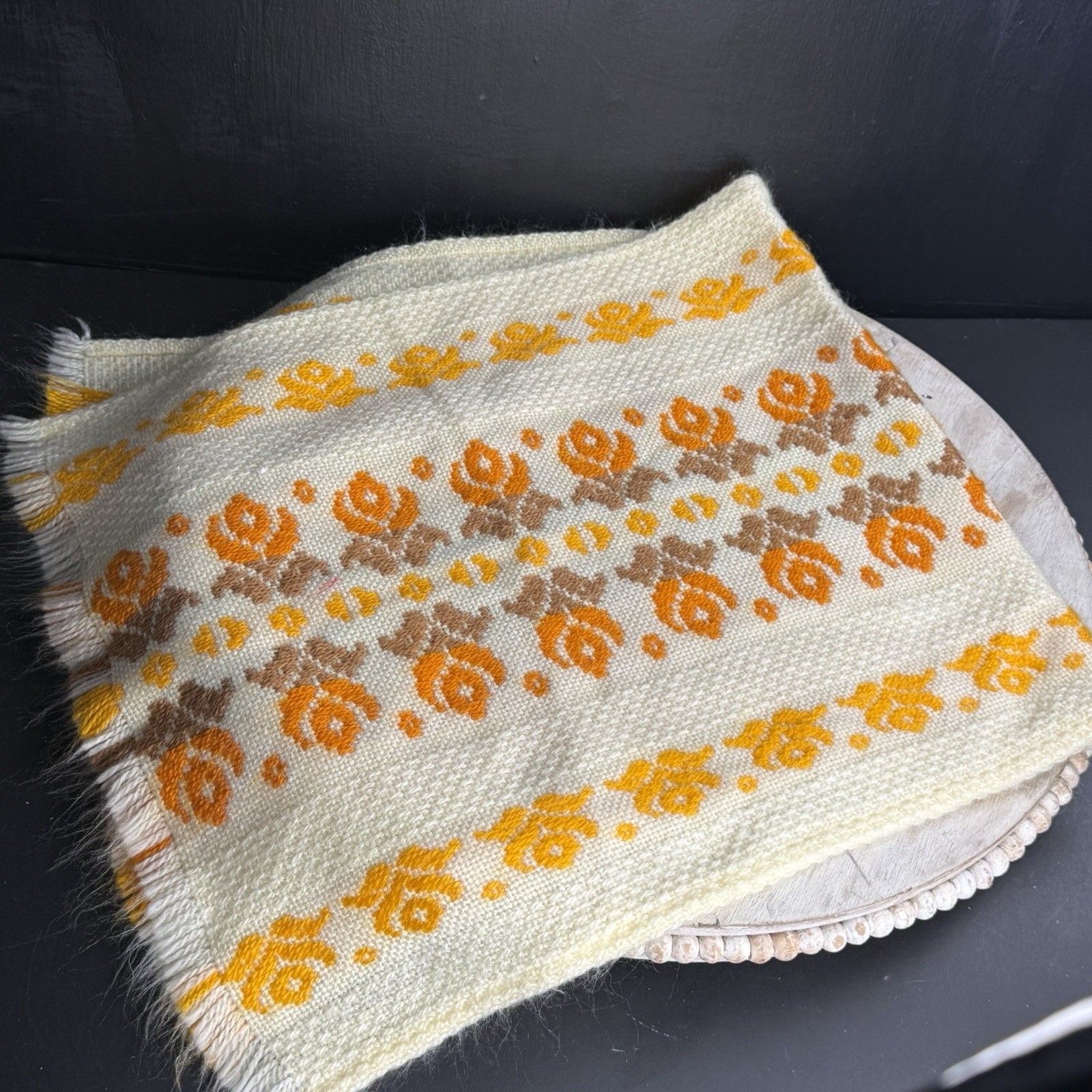 Vtg Scandinavian Handwoven Table Runner 32x15 Retro Orange Yellow Floral Fringe Vtg Scandinavian Handwoven Table Runner 32x15 Retro Orange Yellow Floral Fringe