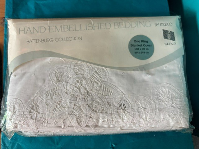 NEW VTG BATTENBURG COLLECTION KEECO HAND EMBELLISHED KING BLANKET COVER 108X96\