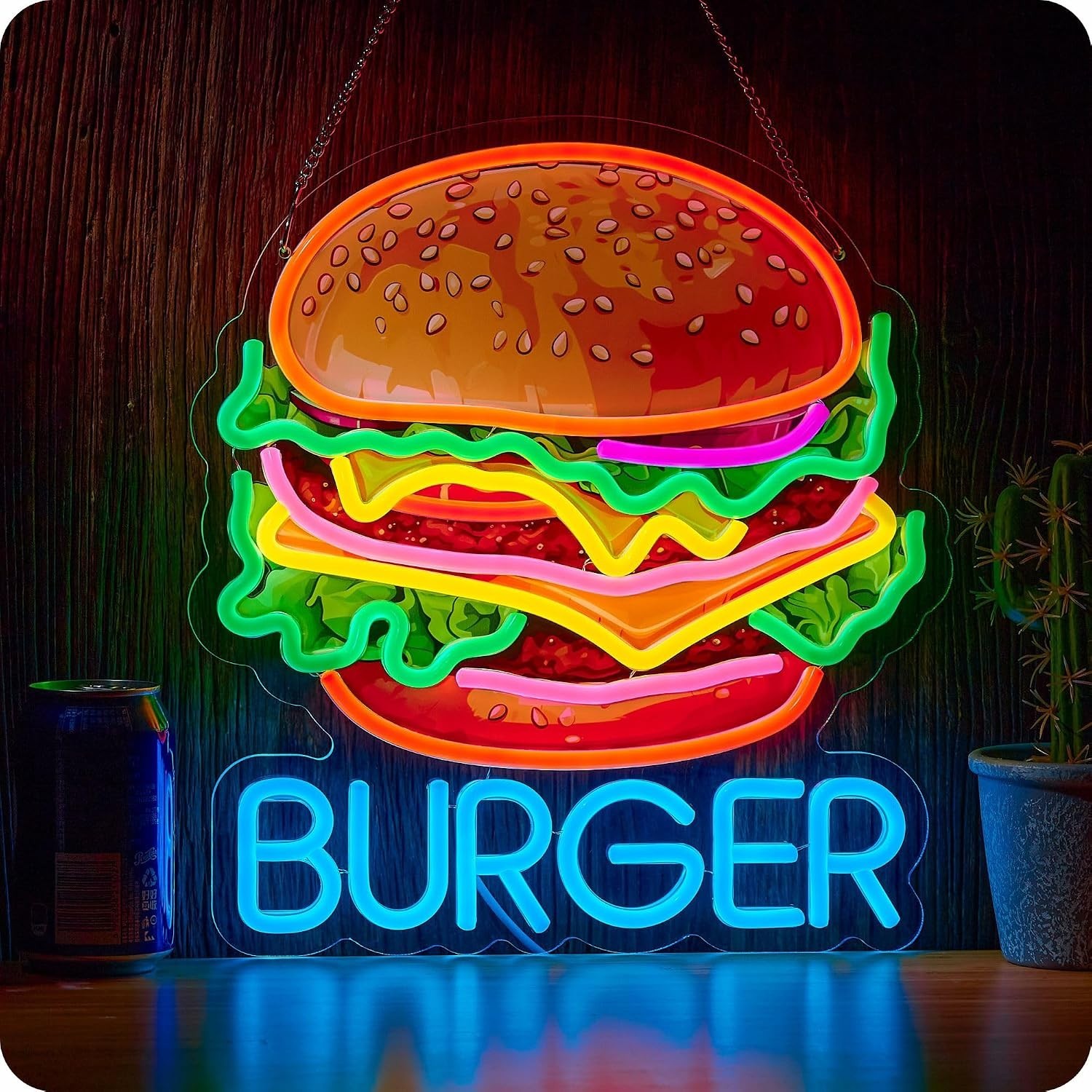 Burger Neon Sign for Wall Décor Hamburger Business Dimmable LED Light USB Powere