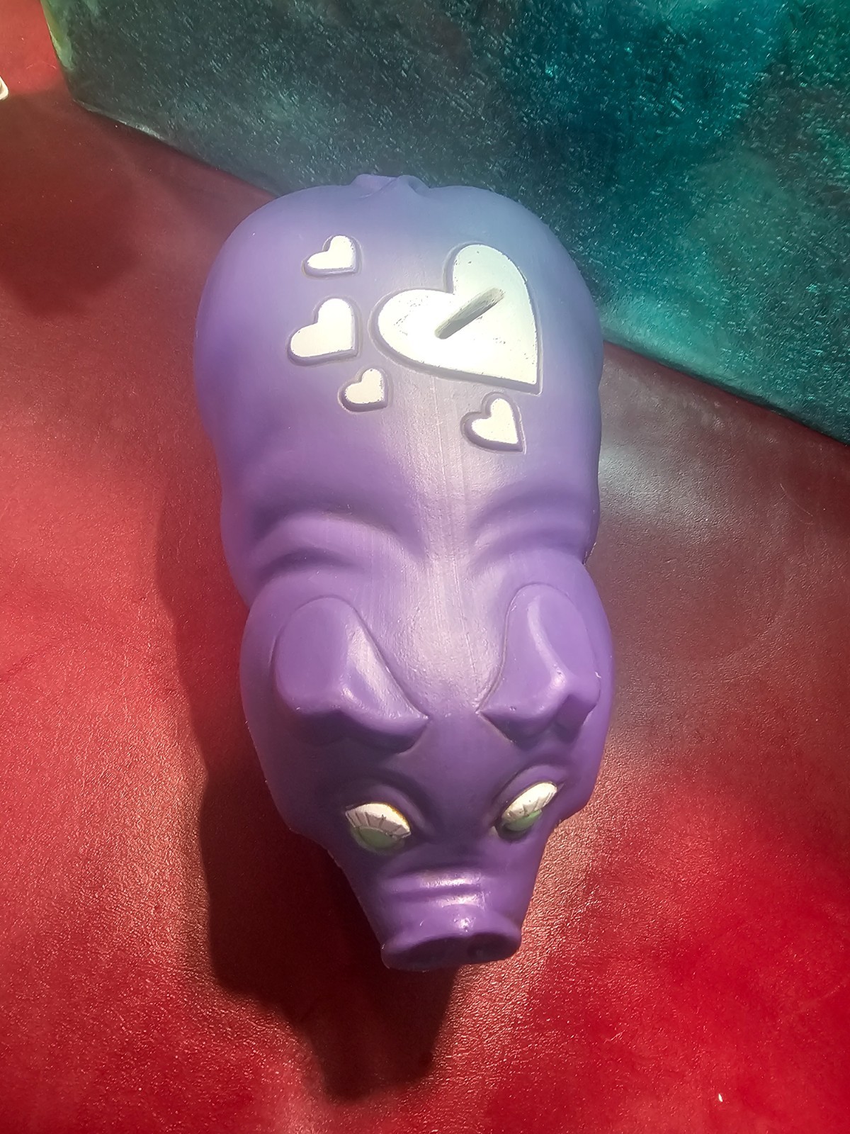 Vtg Purple Pig Hearts Plastic Blow Mold Piggy Bank Winc Inc Chicago Illinois USA