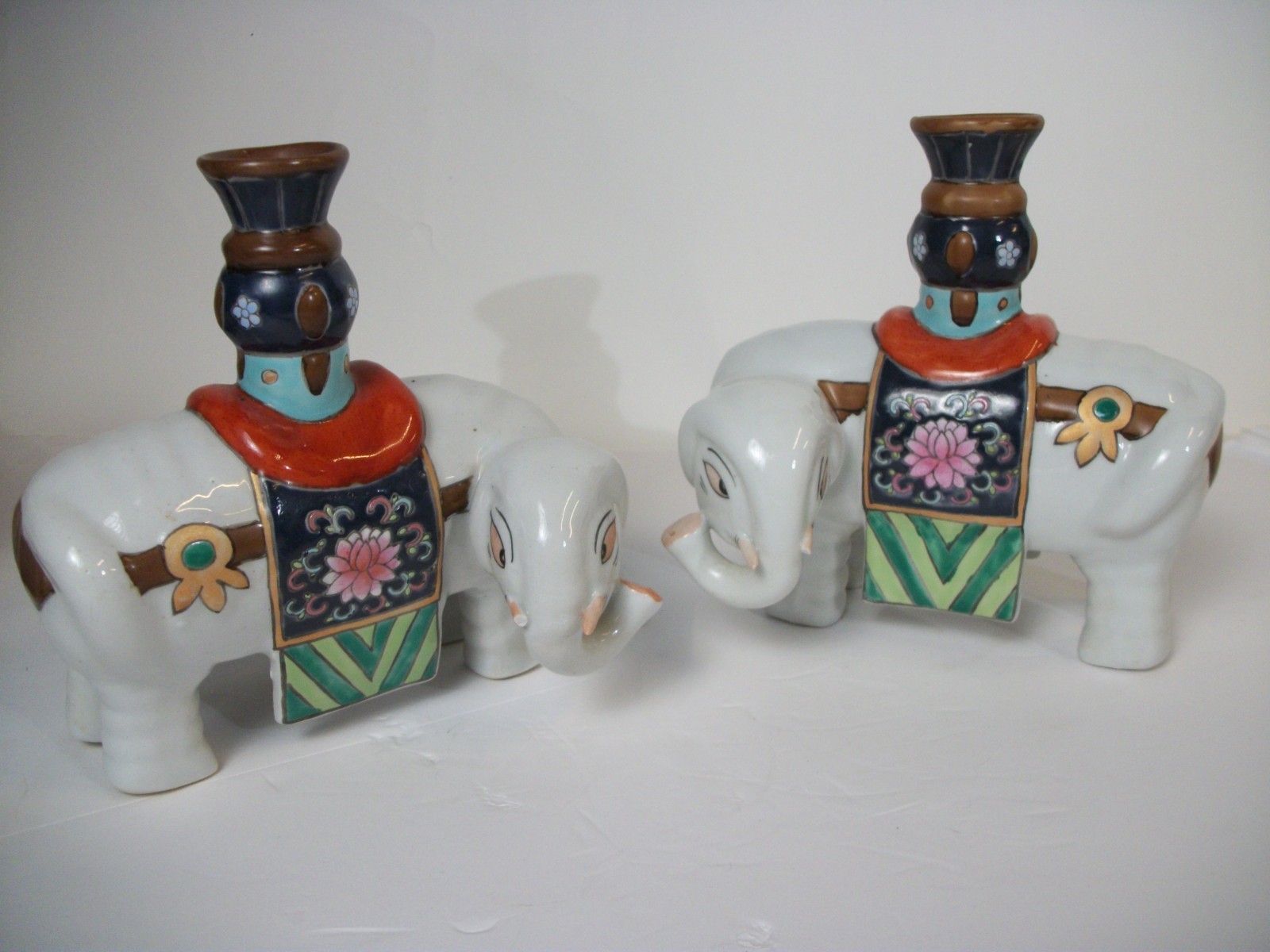 Vintage Pair Of 1970s Chinoiserie Ceramic Porcelain Elephant Candleholders
