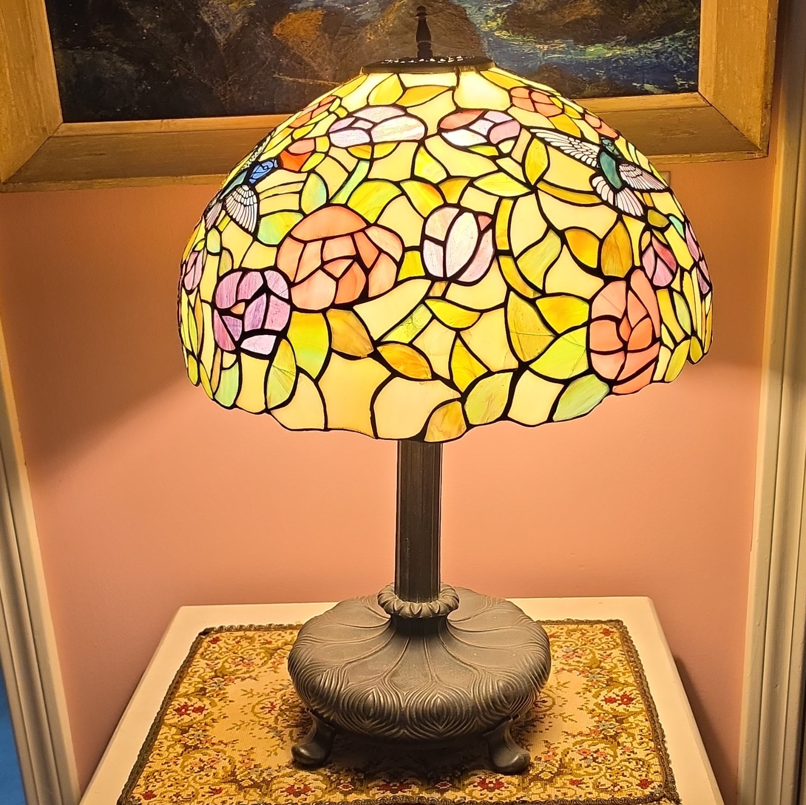 Vintage Loevsky and Loevsky Table Lamp Base with Dale Tiffany Hummingbird Shade.