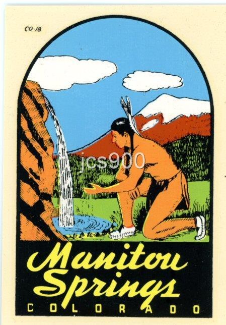 VINTAGE MANITOU SPRINGS COLORADO NATIVE AMERICAN STATE TRAVEL DECAL SOUVENIR ART