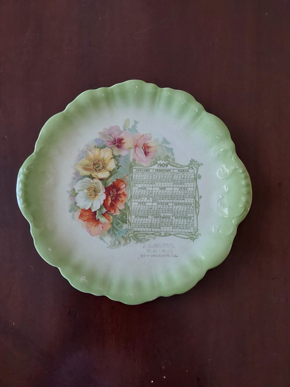 J. Tambarelli 1909 New Orleans LA Floral Calendar Advertising Plate Green J. Tambarelli 1909 New Orleans LA Floral Calendar Advertising Plate Green