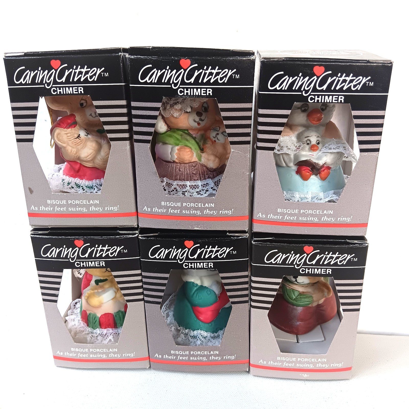 Vintage JASCO Lil’ Chimers Set of 6 Critter Bell Ornaments Bisque Taiwan w/Boxes