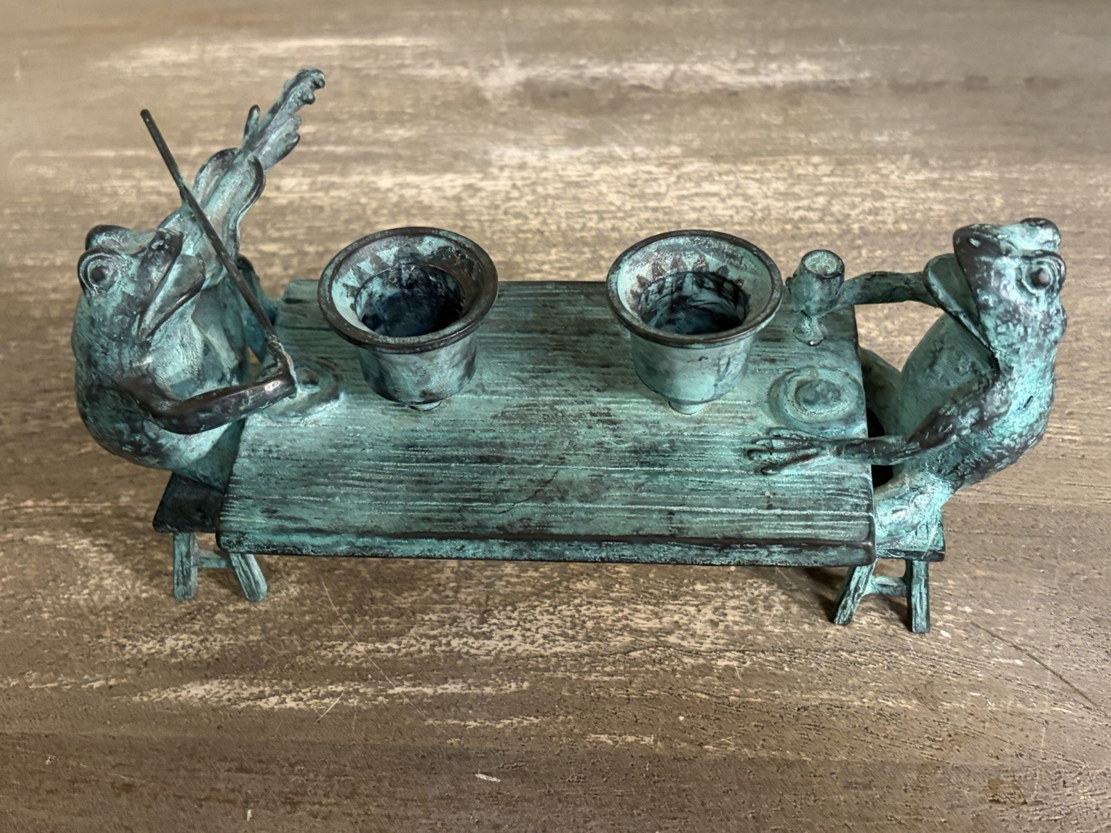 Vintage SPI Brass Frogs At Table - Candlelight Serenade - Patina Candle Holder