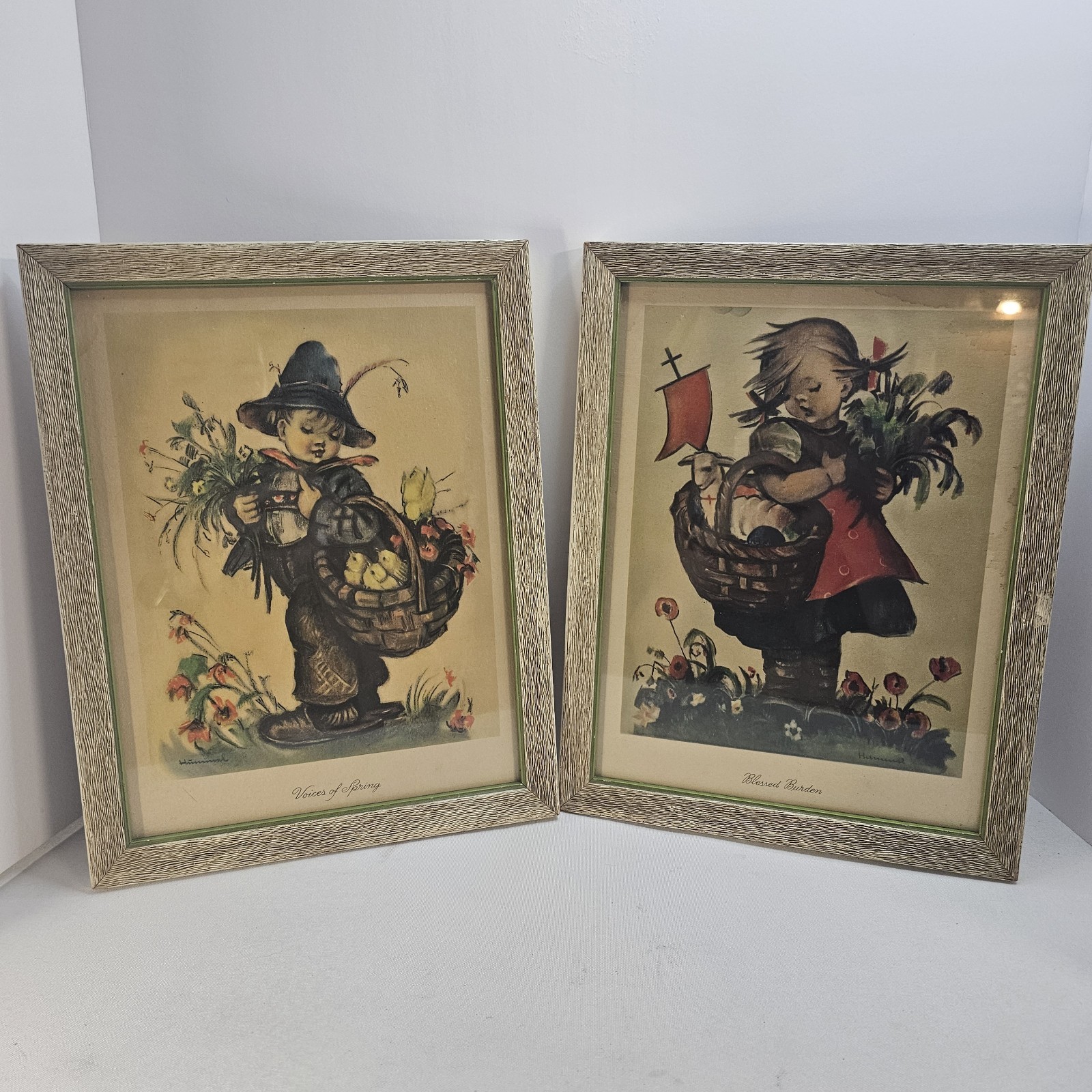 Lot of 2 Hummel Framed Prints Blessed Burden & Voices of Spring Wooden Frames