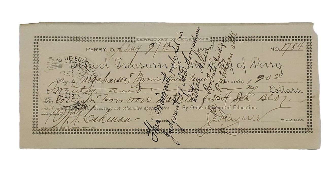 1895 Bank Check: School Treasurer of the City of Perry, Perry, OK - J. Haymes