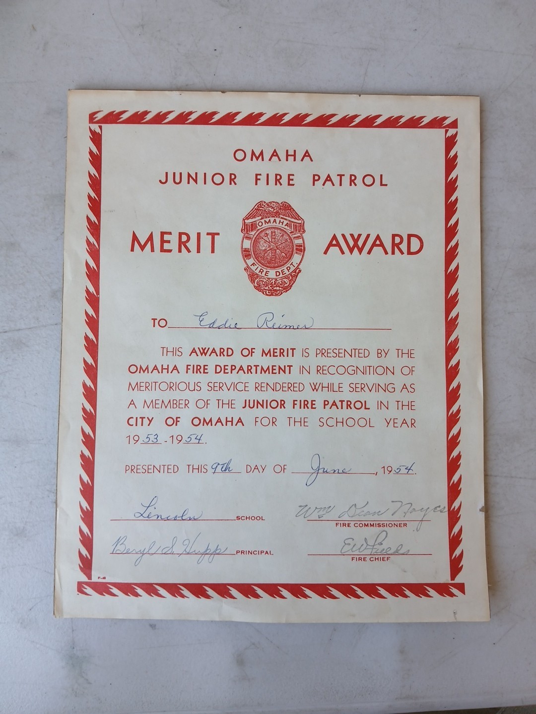 Vintage 1954 Omaha Junior Fire Patrol Merit Award