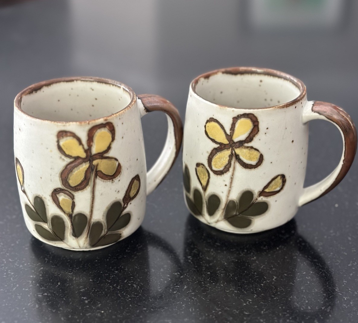 VTG 70s Otagiri Style Speckled Stoneware Floral Coffee Mugs Set of 2
