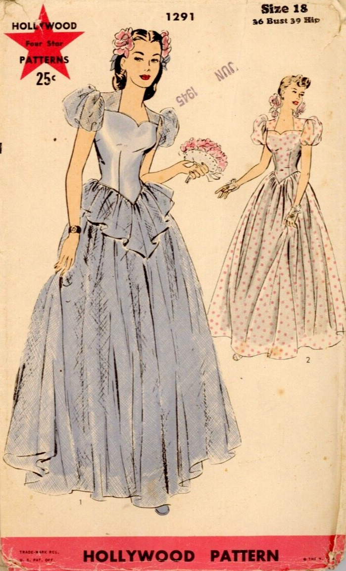 Vintage 1940s Evening Dress Pattern Rare Size 18 Bust 36 Hip 39 Hollywood 1291