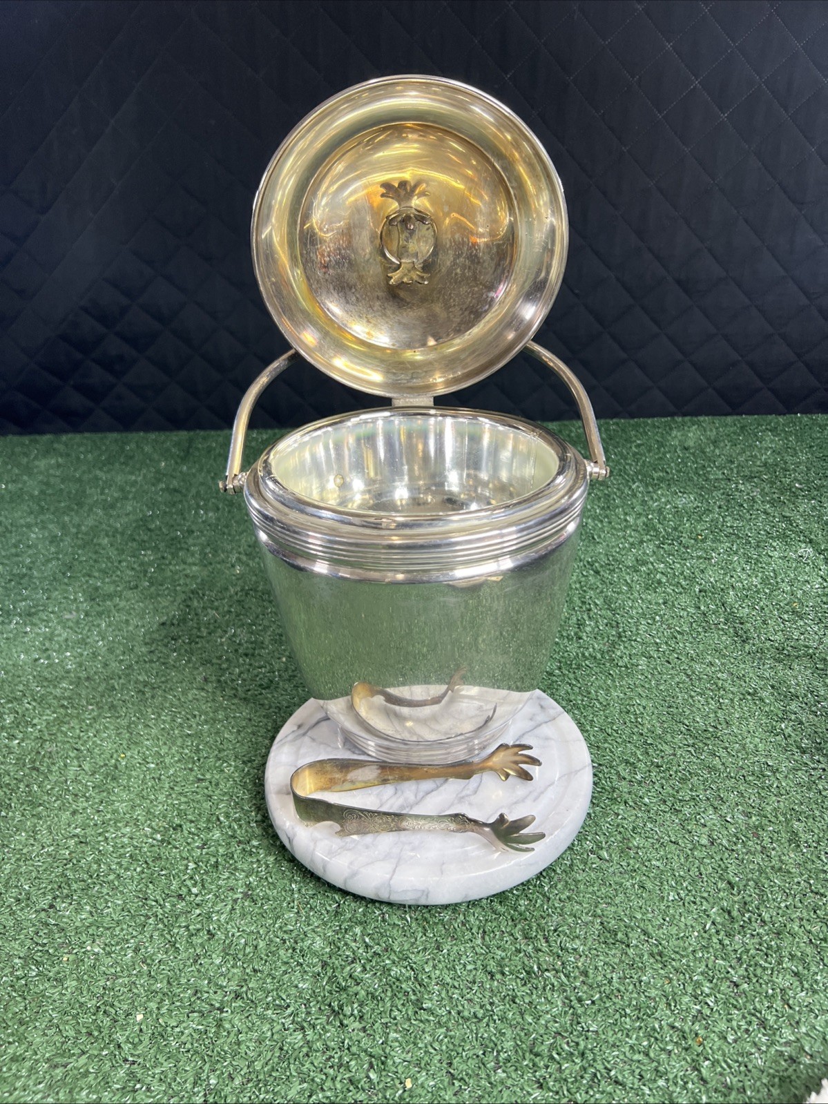 VTG Sheffield Silver Co Ice Bucket Thermos Hinged Lid Pyrex Liner With…..Tongs