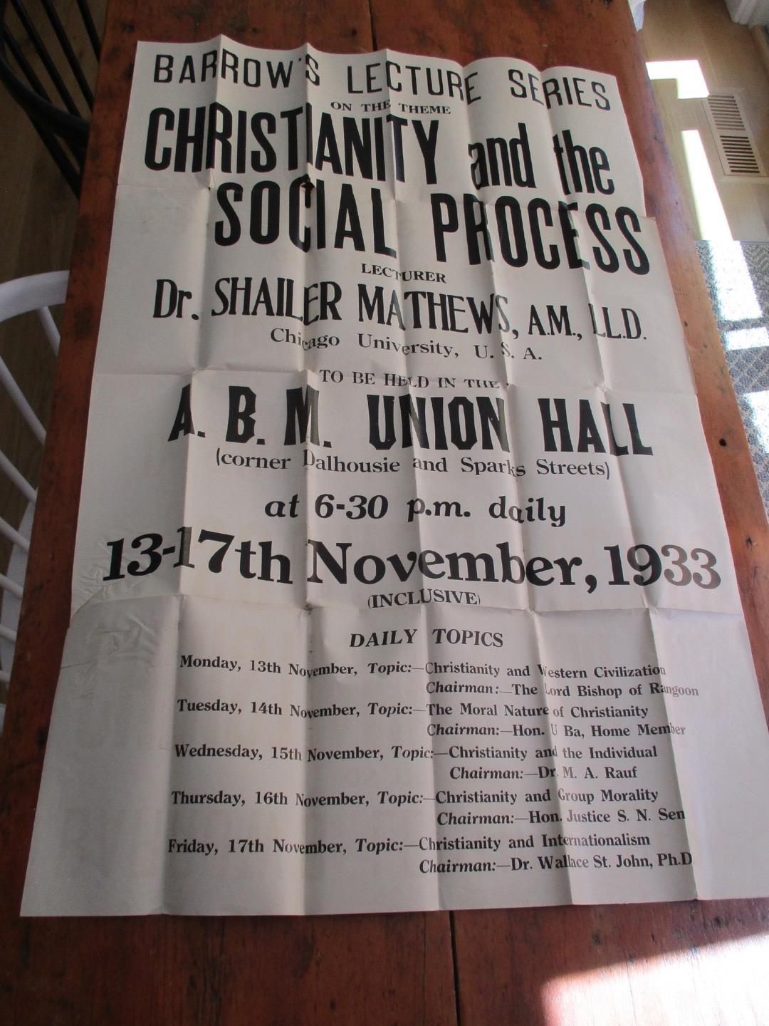 RARE POSTER DR SHAILER MATHEWS 25X40 LECTURE Christianity & the social process