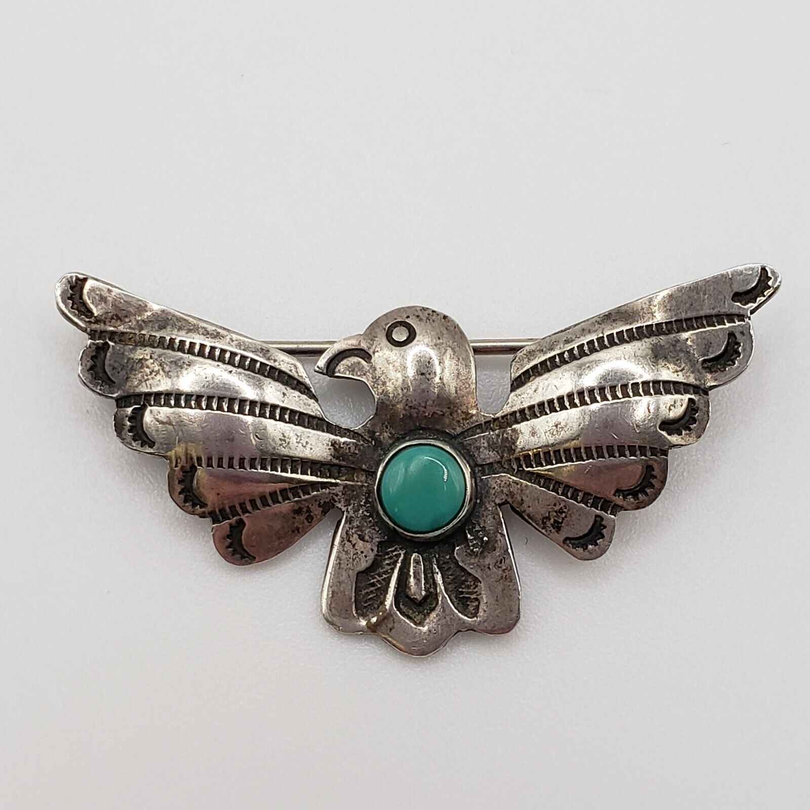 VTG Navajo Thunderbird Pin Sterling Silver Turquoise Fred Harvey Era Handmade