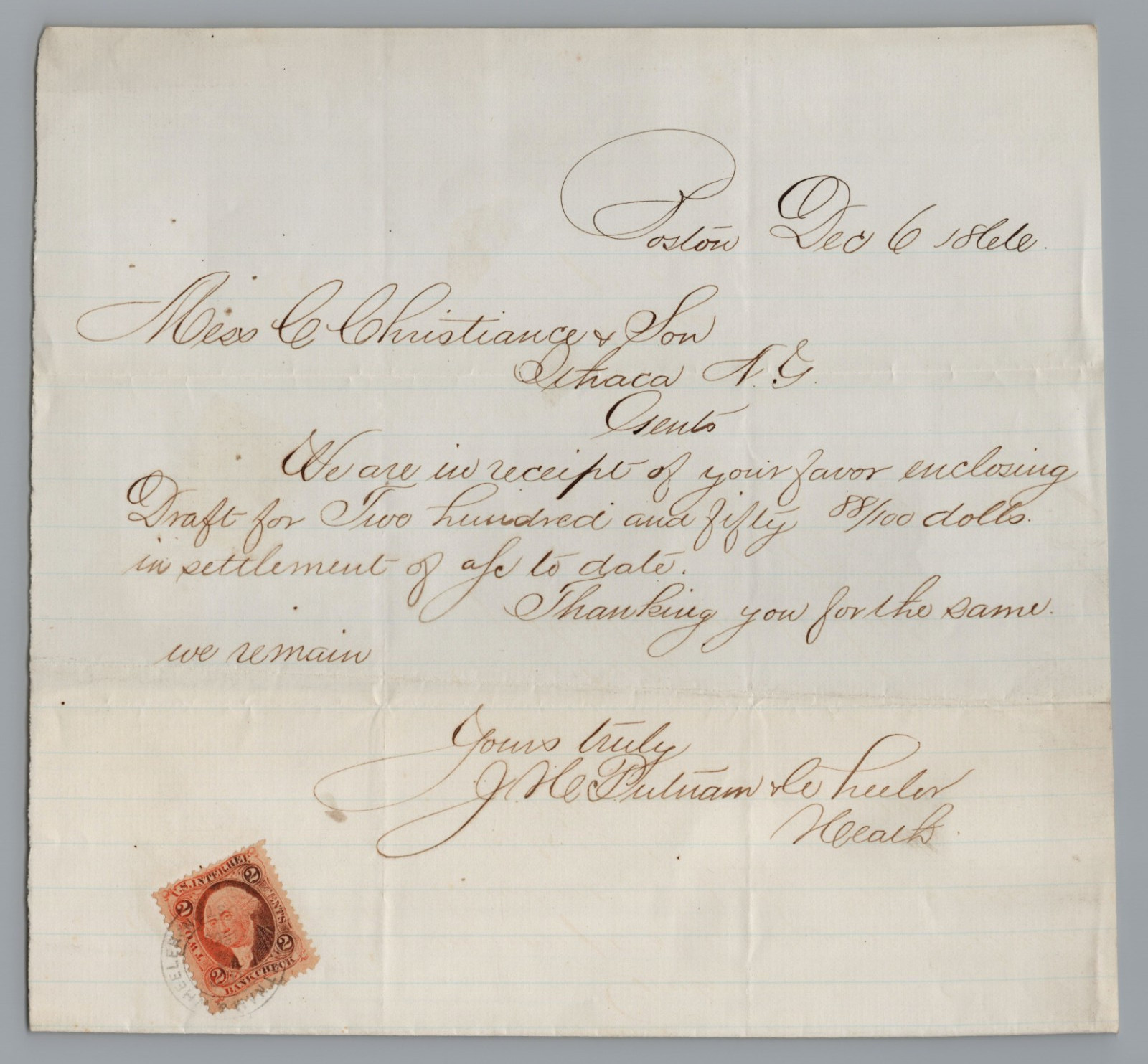 1886 Christiance & SonPayment Acknowledgment Letter 2 Cent Stamp, Ithaca, N.Y.