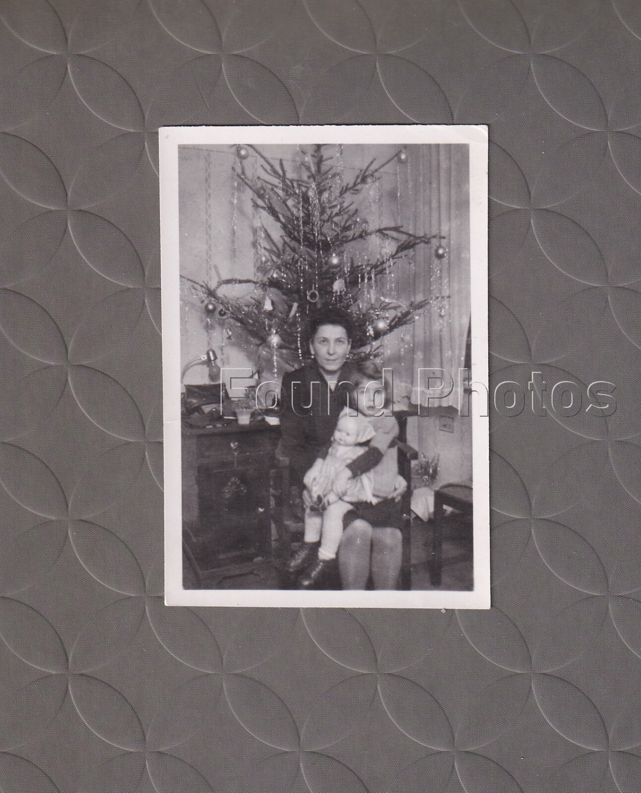 Woman Kid Doll Posed by Christmmas Tree Found Original  Vintage PHOTOGRAPH G128
