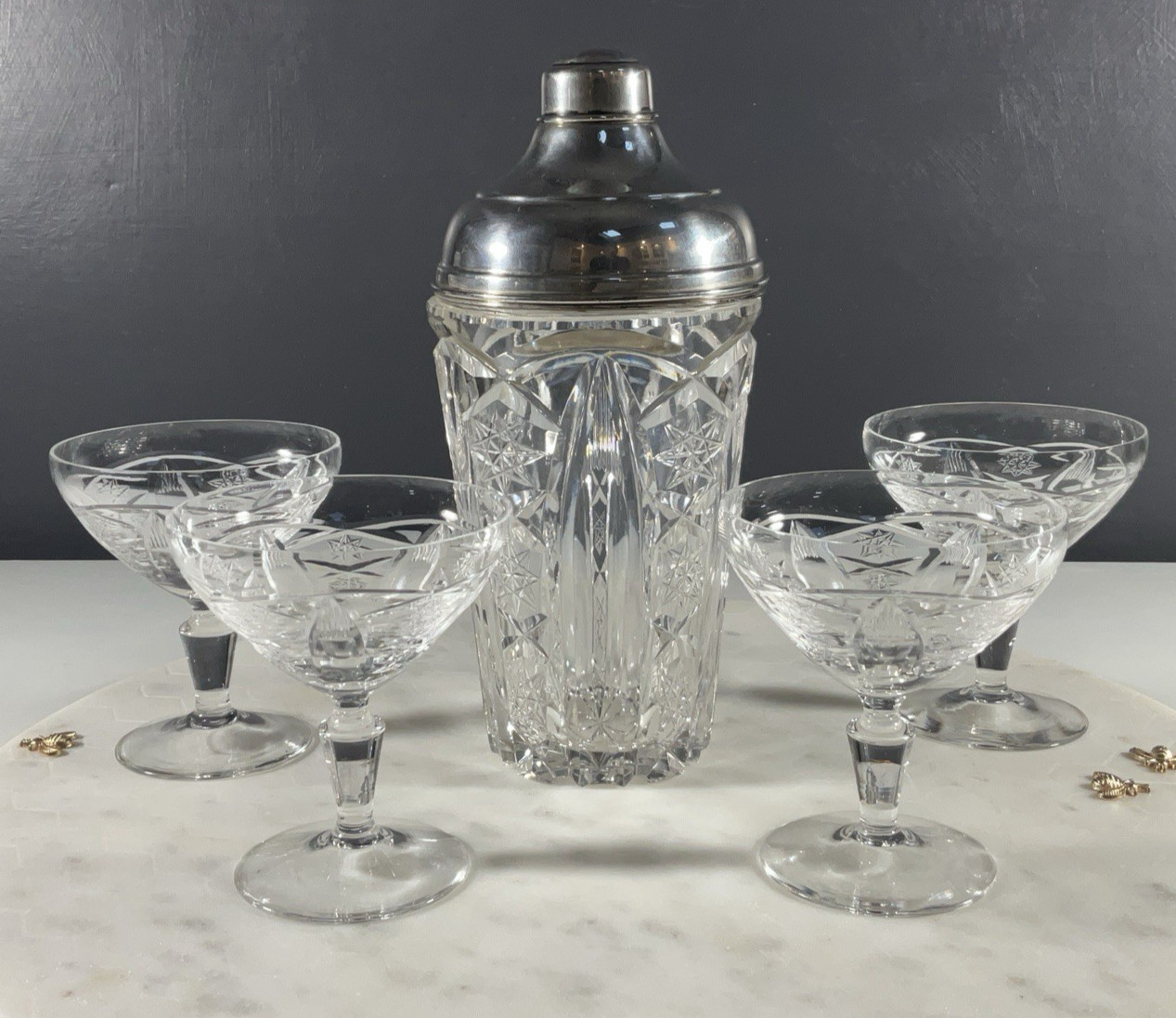 Art Deco Crystal & Sterling Silver Cocktail Shaker + 4 Coupe Glass Set Vintage Art Deco Crystal & Sterling Silver Cocktail Shaker + 4 Coupe Glass Set Vintage