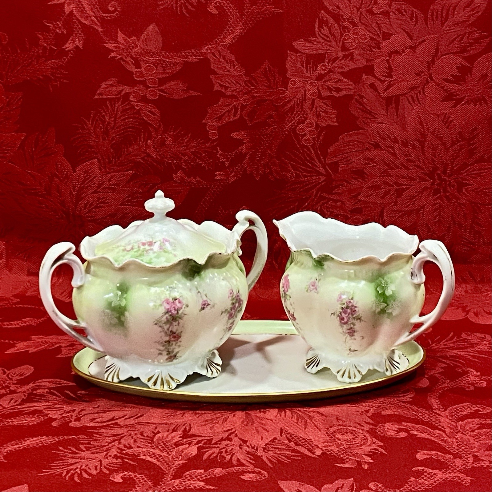 Antique 1884-1909 MZ Austria Rose Porcelain Creamer and Sugar Bowl Set with Tray