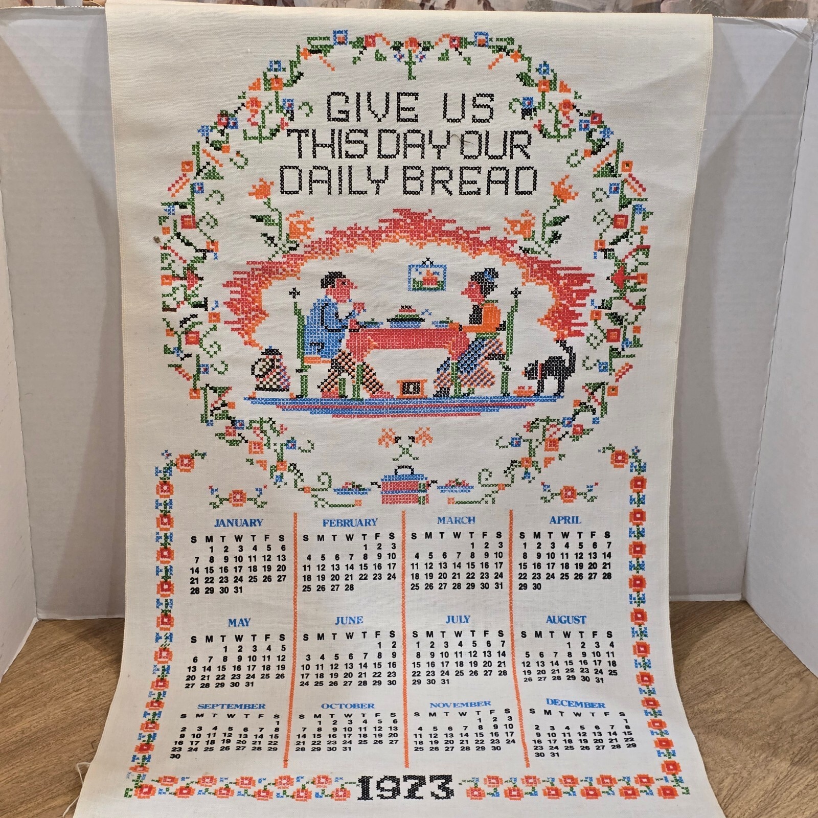 Vintage 1973 Linen Calendar Towel Daily Bread Faux Cross Stitch Printed NOS Vintage 1973 Linen Calendar Towel Daily Bread Faux Cross Stitch Printed NOS