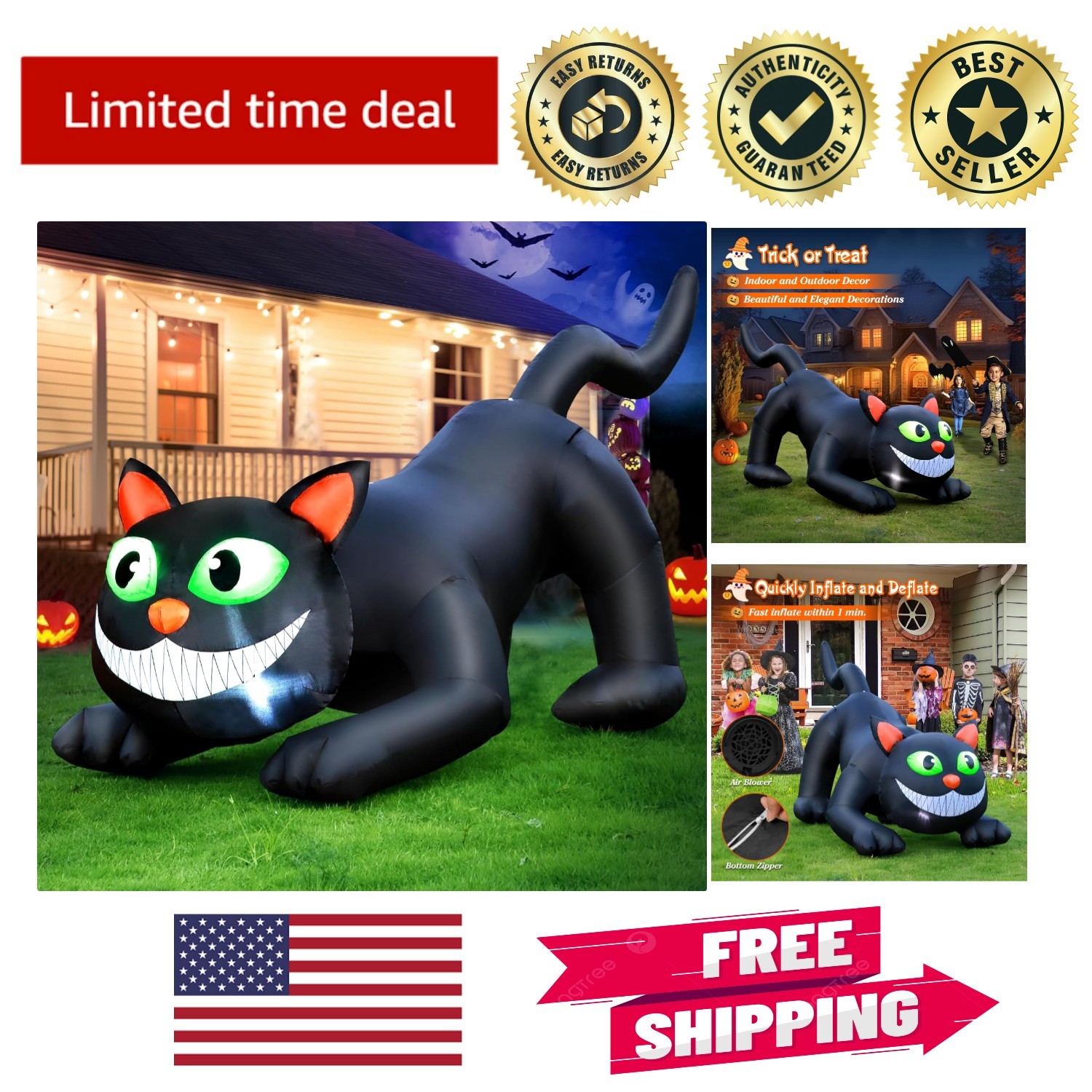 Giant 7FT Black Cat Inflatable - LED Illumination for Halloween Celebrations
