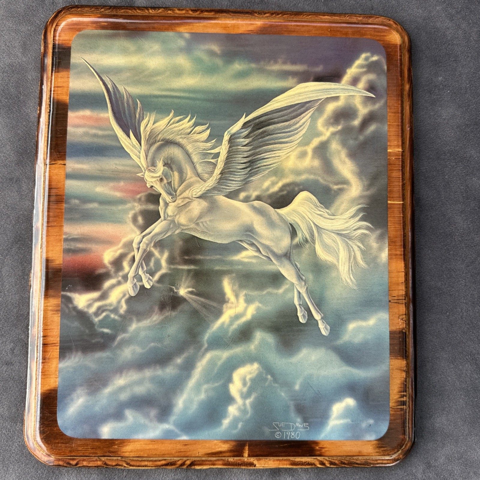 1980 Vintage Pegasus Wood Plaque Wall Art Sue Dawe Fantasy Unicorn 9.5” x 11.5”