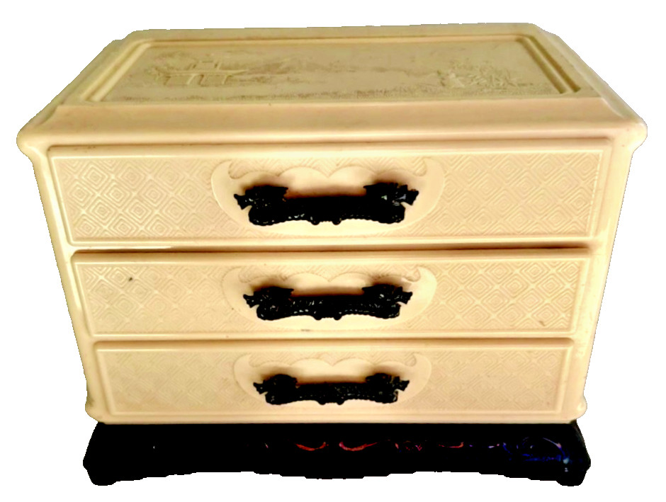 VTG Chinese Celluloid Jewelry Box 3 Drawer Dragon Pulls Scenic Relief Panels