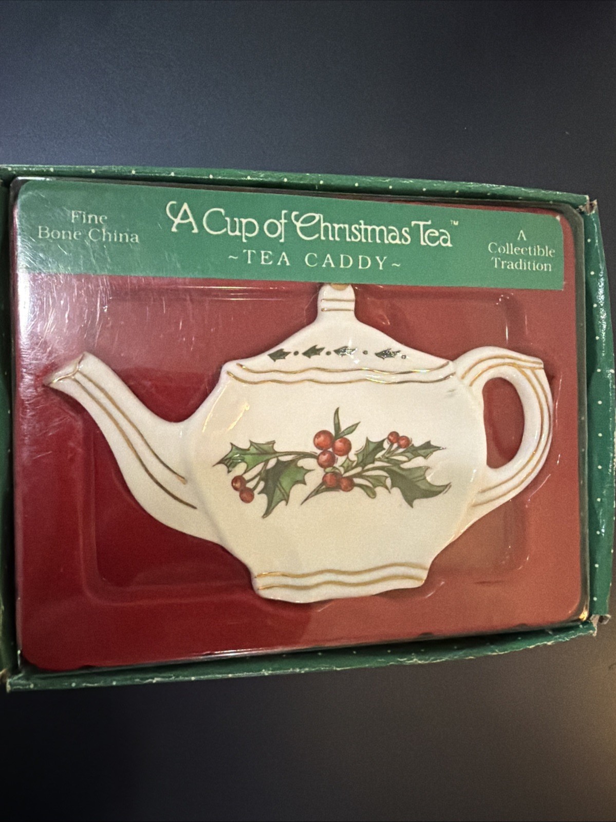 Vintage 1995 \'A Cup of Christmas Tea\' Tea Caddy Dish Bone China CT130 w/Box NIB