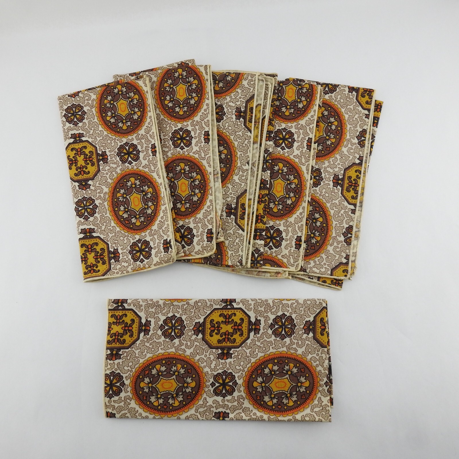 Vintage Mid Century Fabric Napkin Set Of 6 Brown Orange