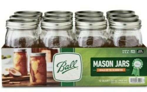 Ball Regular Mouth Quart/32oz Canning/Mason Jars. Case of 12 Jars w/Bands & Lids