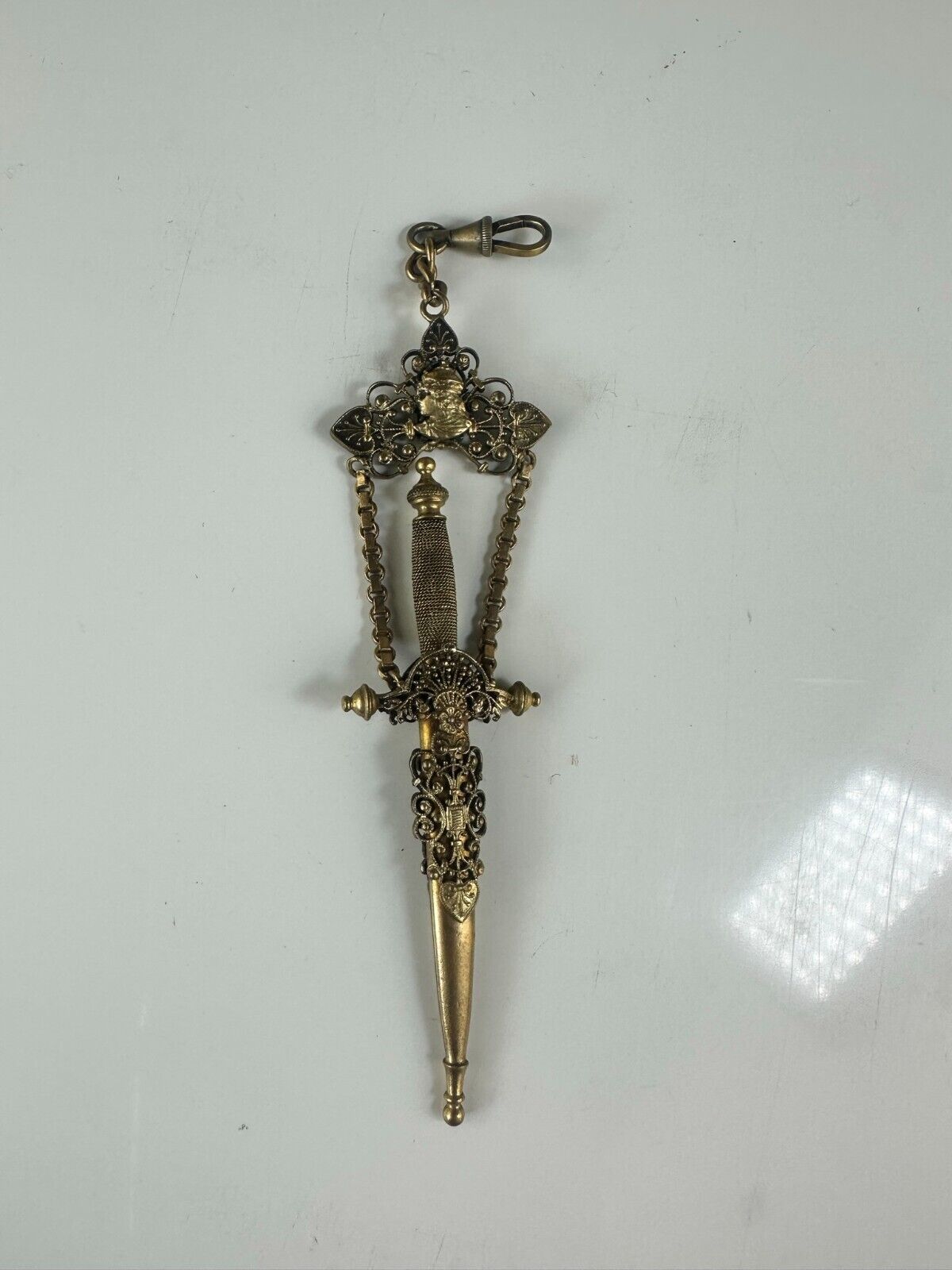Rare Antique Brass Chatelaine Scissor/Bodkin Holder 1900s Rococo Heraldic Design