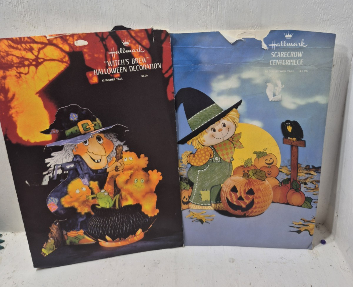 Lot x2 Vintage Hallmark Halloween Centerpiece Decorations Witch\'s Brew Scarecrow
