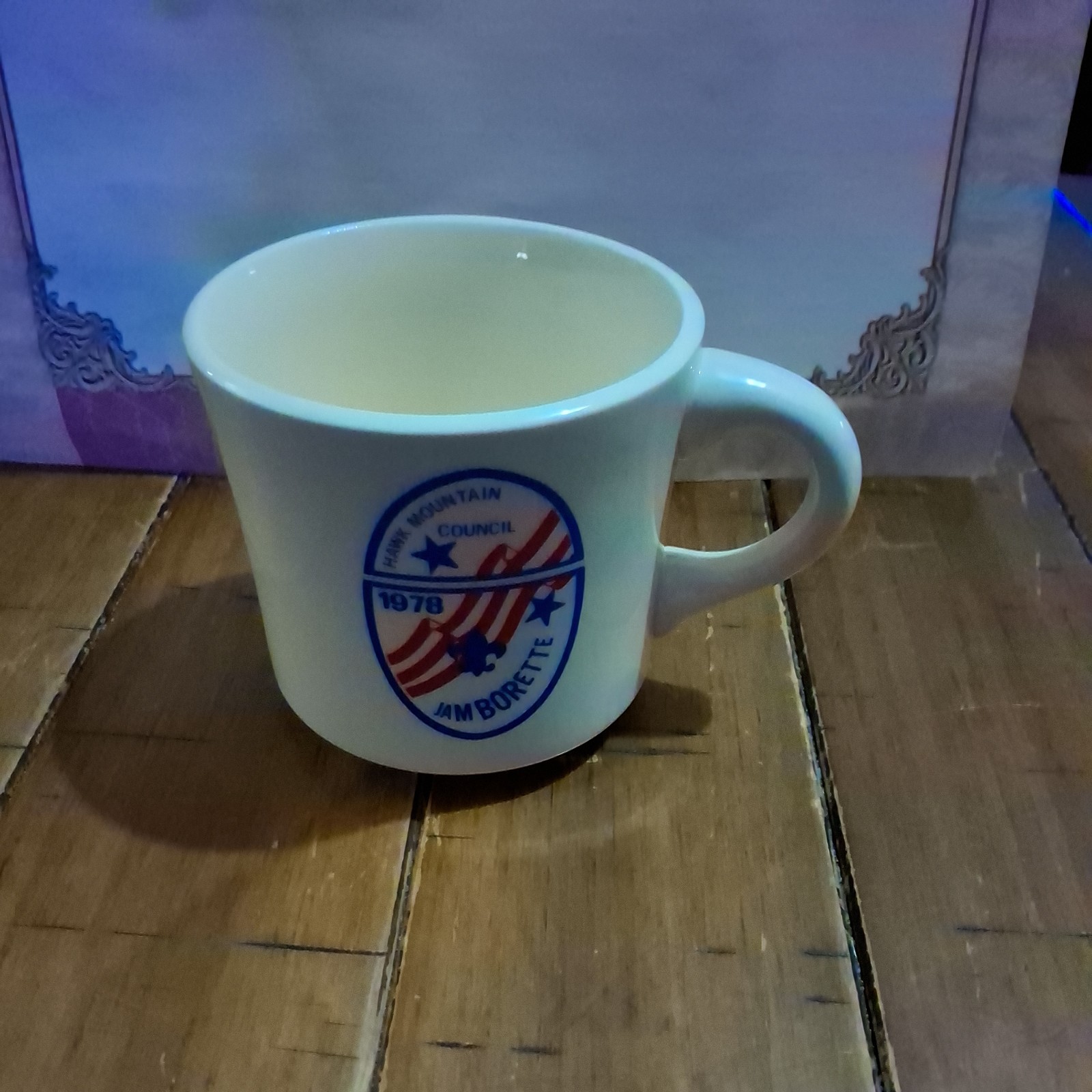 VTG CERAMIC Coffee Mug Cup Boy Scouts HAWK MOUNTAIN COUNCIL 1978 JAM BORETTE 
