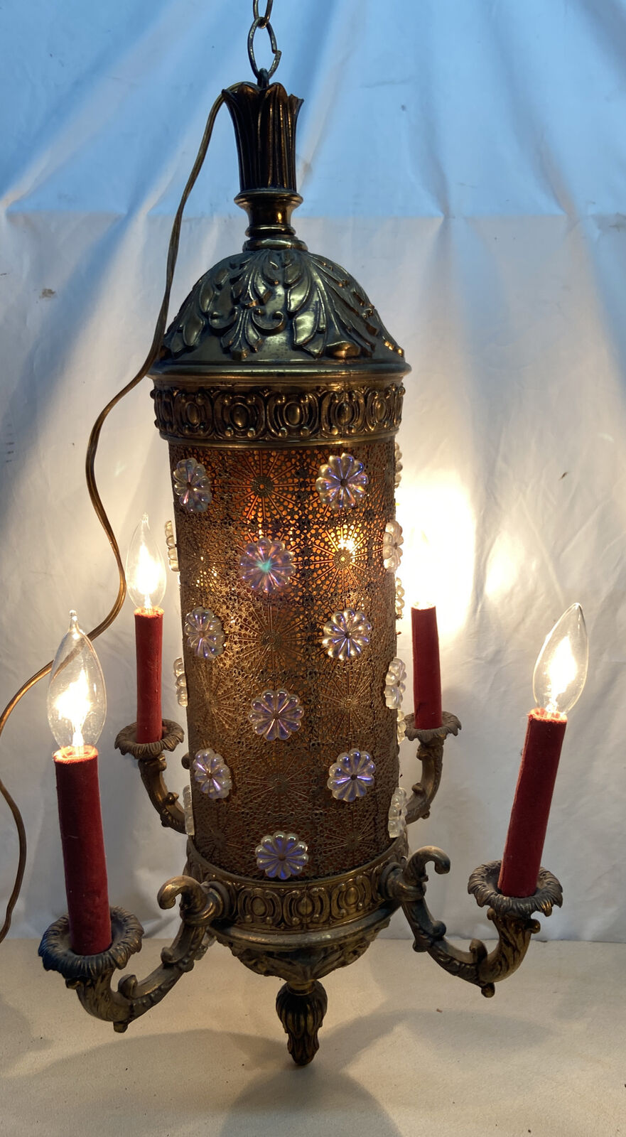 Vtg Bohemian Filigree Lucite Flowers Candelabra SWAG Hanging Ceiling Light Lamp