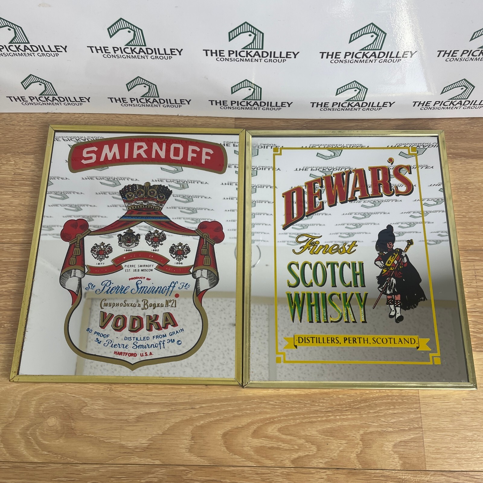 Vintage Framed Advertising Bar Mirror Set Smirnoff Vodka and Dewar\'s Whiskey Vintage Framed Advertising Bar Mirror Set Smirnoff Vodka and Dewar\'s Whiskey