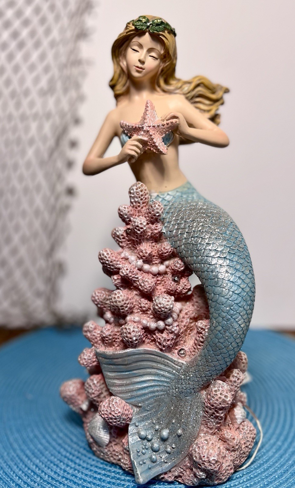 Mermaid Lighted Figurine 12” Tall, Hand painted Resin New w/Tags Blue Tail