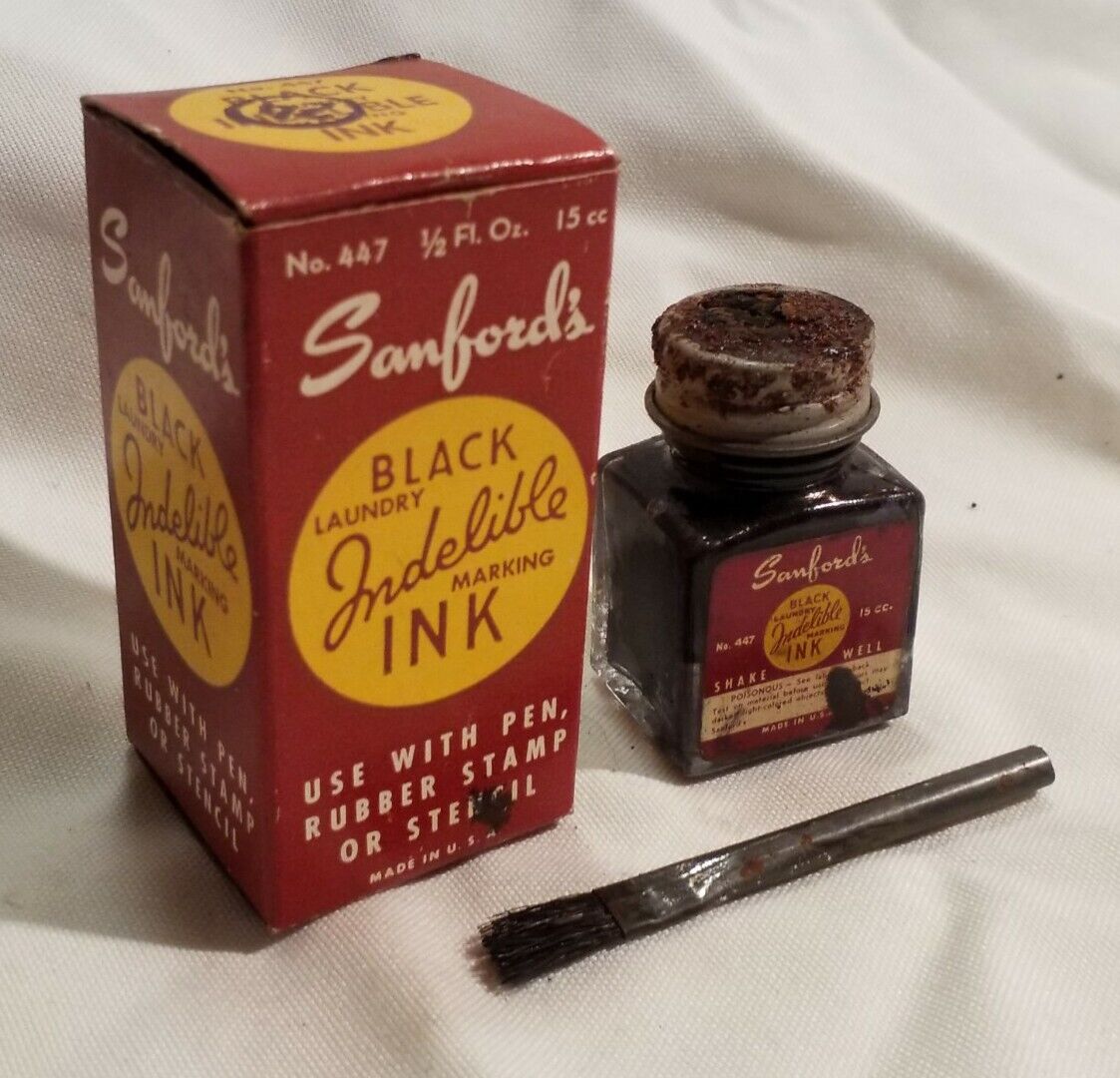 Sanford\'s Black Indelible Marking Ink Empty Bottle W/ Labels In Original Box USA