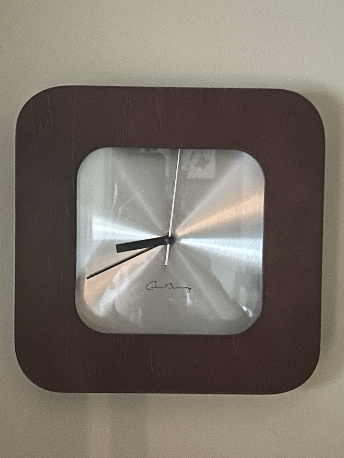 Modernist Chris Bing Solid Wood Squircle Wall Clock Brushed Metal Dial Retro 11”