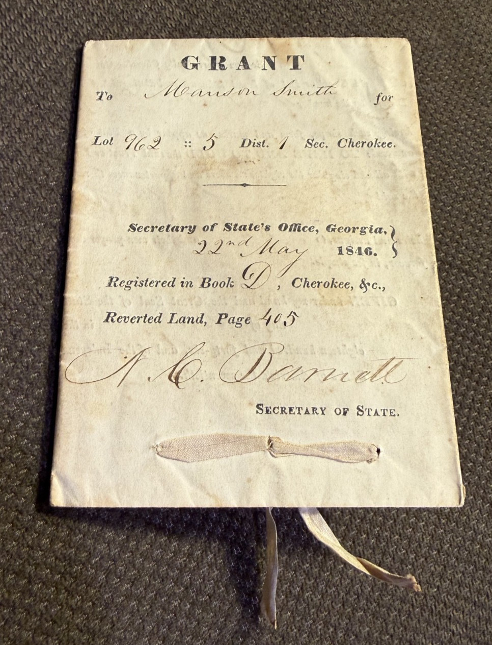 1846 GEORGIA DEED - 40 ACRES - CHEROKEE (NOW LUMPKIN) COUNTY (26-117)