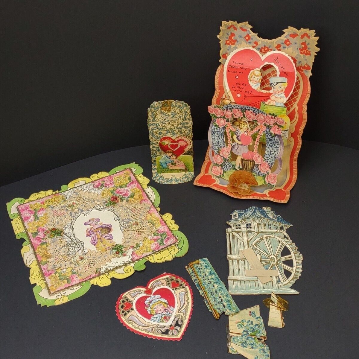 5 Antique/VTG U.S./German Valentine\'s Day Cards-Embosse/Die-Cut-Paper Lace-PopUp