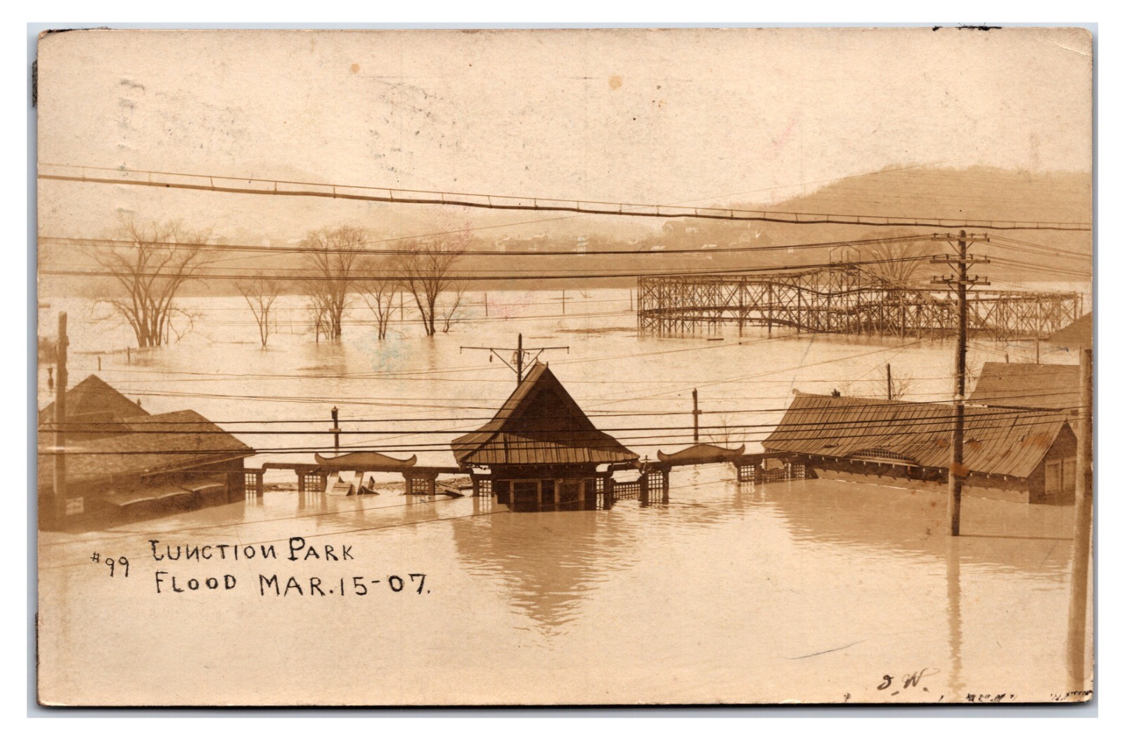 1907 Junction Park Roller Coaster Flooded - New Brighton, PA Postcard RPPC