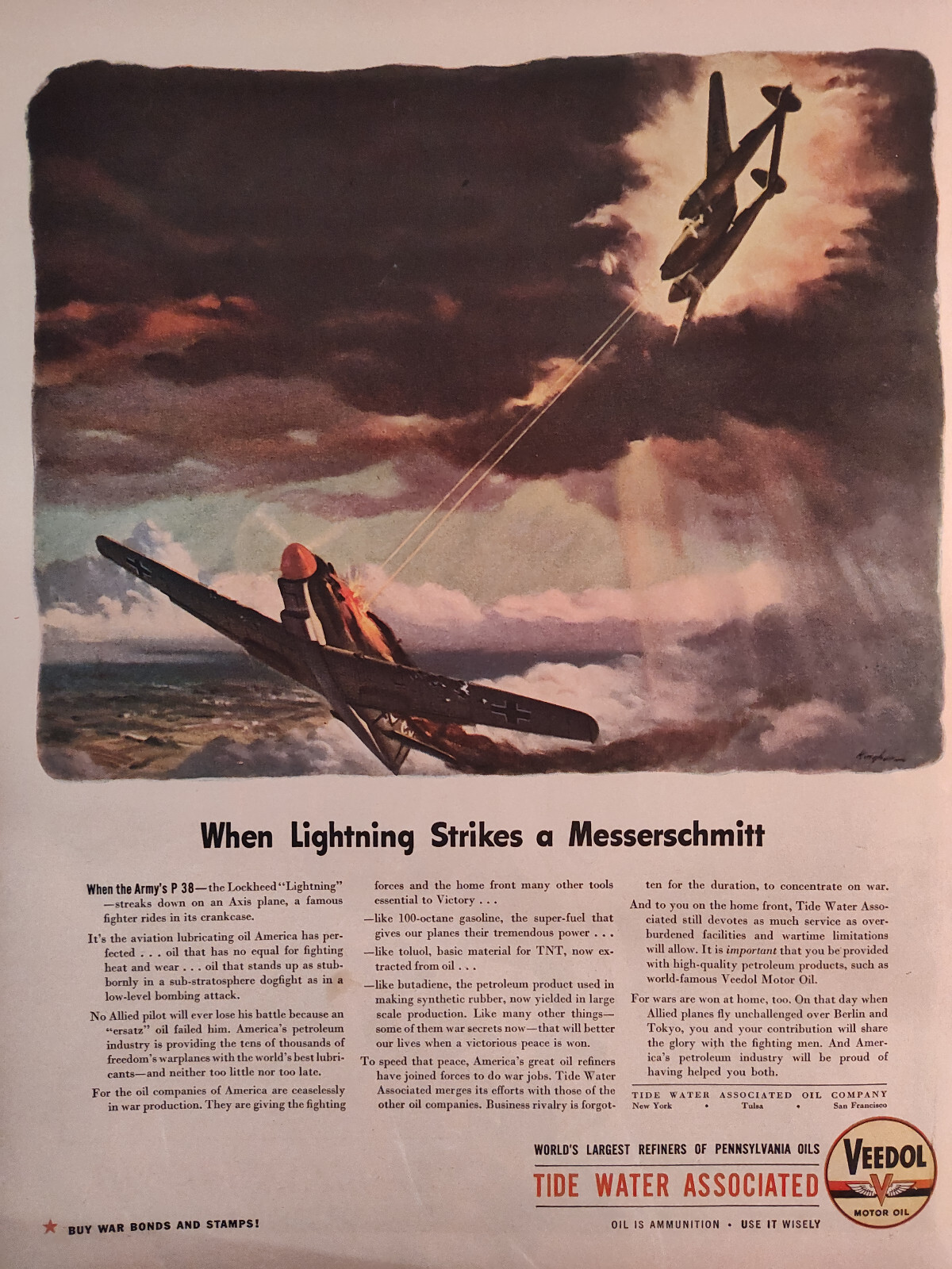 1943 LIFE Ads WWII Lockheed Lightning Striking Messerschmitt GM Truck and Coach