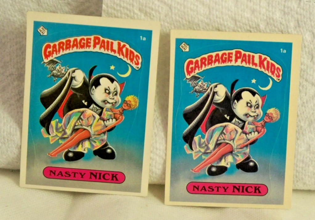 2 VINTAGE 1985 TOPPS GPK GARBAGE PAIL KIDS STICKER CARDS #1A NASTY NICK NICE 2 VINTAGE 1985 TOPPS GPK GARBAGE PAIL KIDS STICKER CARDS #1A NASTY NICK NICE
