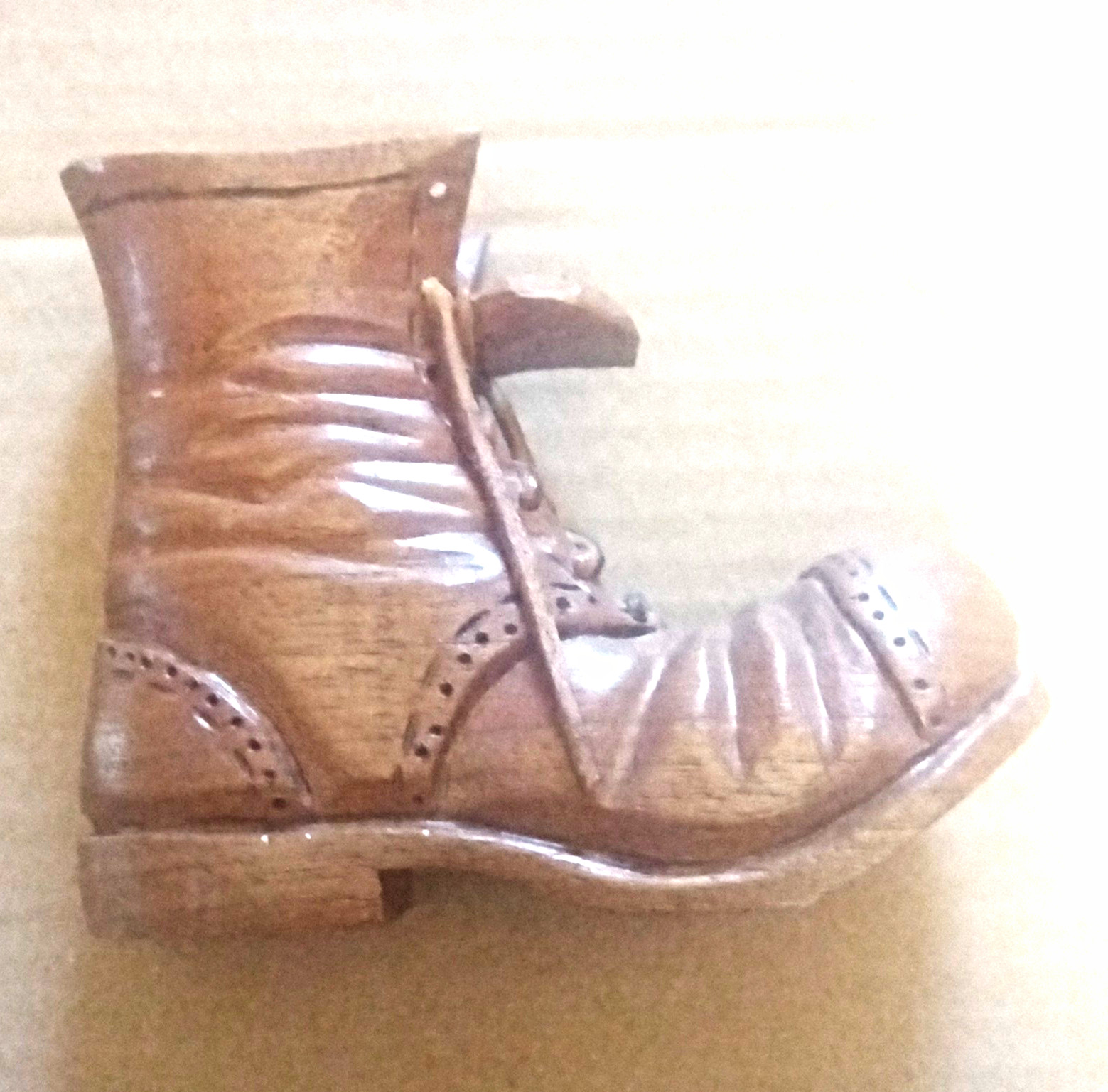 Vtg Hand Carved Walnut Wood Boot Figurine Signed G Fulton Folk Art Match Holder