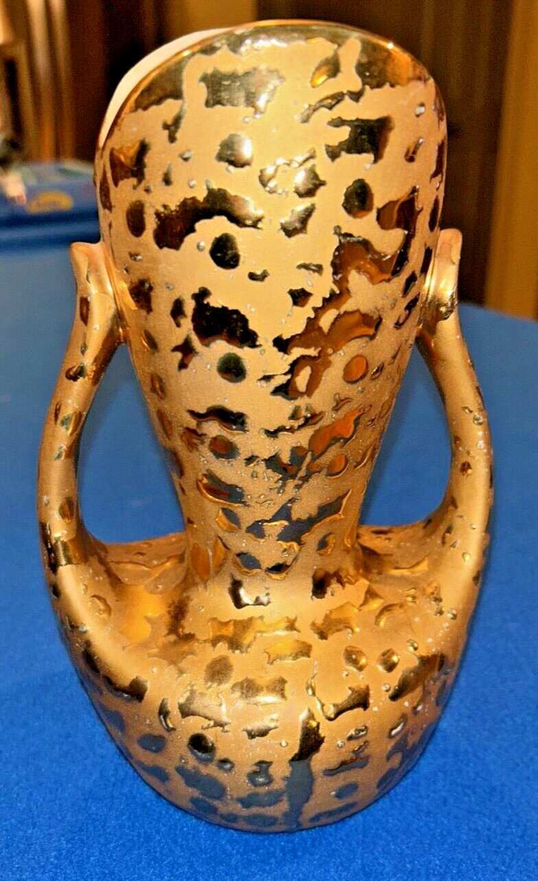 24 Carat Gold Weeping Splatter Double Handle Tulip Vase MCM Made in USA 24kt