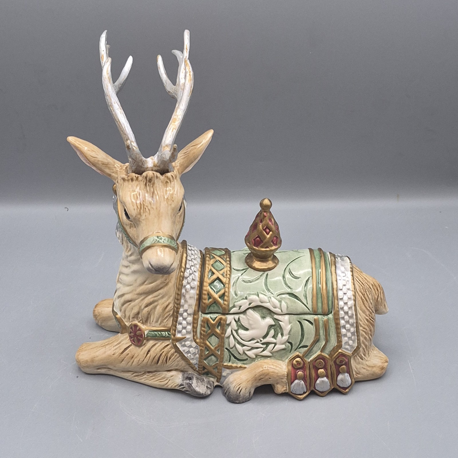 Vtg Fitz & Floyd Gregorian Christmas Deer Lidded Trinket Candy Box Green Gold 8”